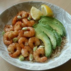 A picture of Vickys Honey & Garlic Prawns with Brown Rice, GF DF EF SF NF.