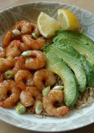 A picture of Vickys Honey & Garlic Prawns with Brown Rice, GF DF EF SF NF.