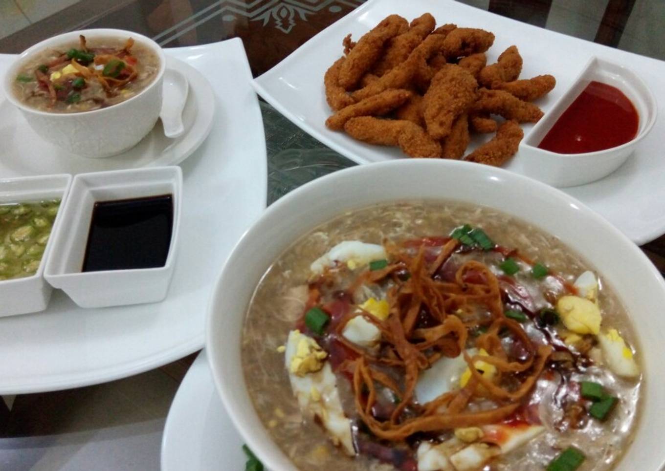 Chicken corn soup with chicken crispy strips