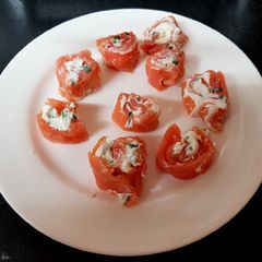 My Salmon surprise. Rolling them not perfect but lovely. 💜💜 A picture of My Salmon surprise. Rolling them not perfect but lovely. 💜💜.
