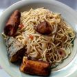 Onion Rings Stir Fried Spaghetti and Fried Plantain
