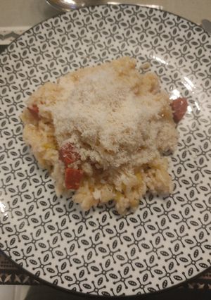 Une photo de Risotto aux poireaux et chorizo au cookeo