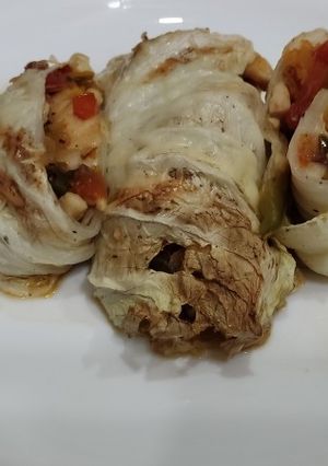 A picture of Napa Cabbage Rolls with Chicken Breast Fajitas.