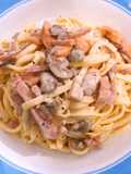 Fusilli Carbonara with Mushroom and Ham