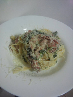 A picture of Tagliatelle with bacon and spinach.