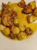 Hähnchenschlegel mit Rosenkohl und Maronen in Orangensauce