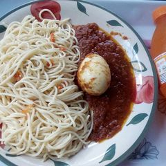 A picture of Spicy Spaghetti and Egg Stew.