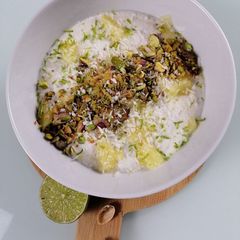A picture of Overnight porridge with coconut, lime and pineapple.