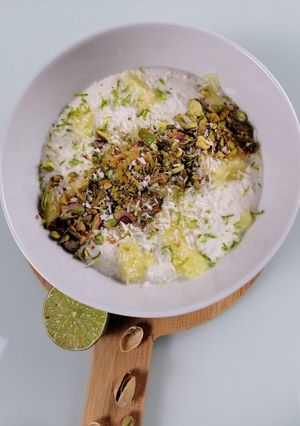 A picture of Overnight porridge with coconut, lime and pineapple.