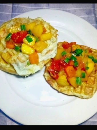 Simple Way Make Recipe Waffles and Omellet topped with glazed Honey Tomato Mango Salsa that is Perfect, Addictive}