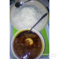 A picture of Palm oil stew with rice.
