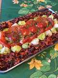 Salade de poireaux, tomates et carotte violette sauce ciboulette et persil