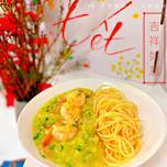 Hình của món Spaghetti (mì ý) sốt nấm tôm khoai tây.