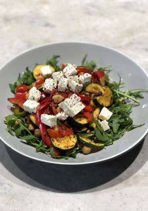 A picture of Mediterranean chickpea feta and grilled vegetable salad.