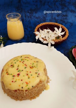 A picture of Broken wheat cake with pineapple custard.
