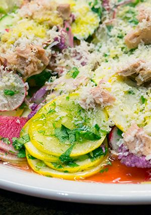 A picture of Squash Salad with Radishes and Tuna.