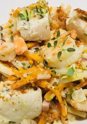 A picture of Cod Loin and Shrimp Blanquette.