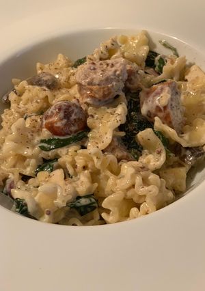 A picture of Creamy wholegrain mustard and sausage pasta.