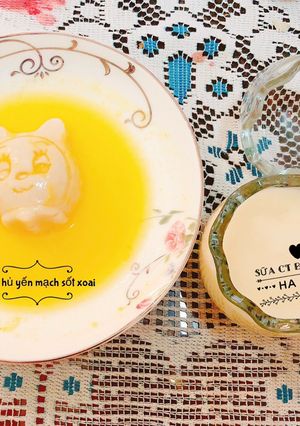 Hình của món Ăn dặm- đậu hủ yến mạch sốt xoài- sữa công thức bí đỏ đậu hà lan.