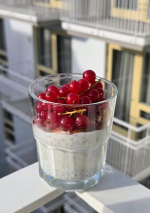 Una foto de Chía pudding de grosellas rojas con yogur griego orgánico y base de frutos secos (saga Islandia) 🇮🇸
