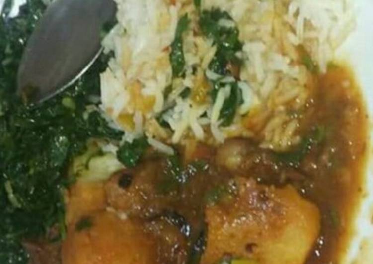 Recipe of Speedy Beef Stew with Waru, Served with Rice and Saute kales