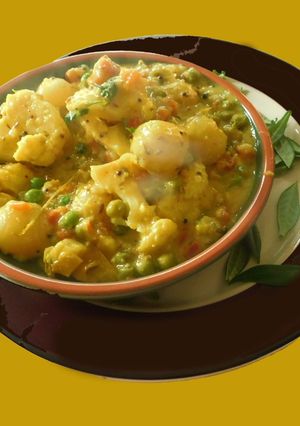 A picture of Vegetable Medley. Kerala style coconut masala curry.