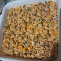 A picture of Chicken and mushroom pasta salad.
