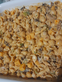 A picture of Chicken and mushroom pasta salad.