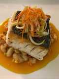 Blue eye cod with cannellini beans, scallion and radish salad with soy orange glaze