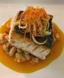 Blue eye cod with cannellini beans, scallion and radish salad with soy orange glaze