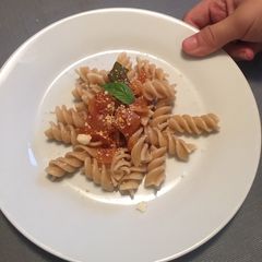 Whole grain fusilli pasta with tomato basil sauce A picture of Whole grain fusilli pasta with tomato basil sauce.