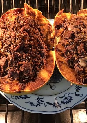 A picture of California Farm Wild Rice & Buffalo Meat Stuffed Squash.