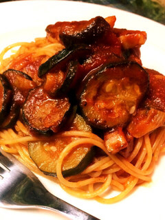 A picture of Eggplant and Zucchini Bacon Tomato Pasta.
