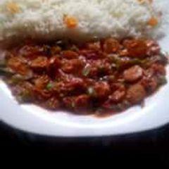 A picture of Rice and sausage stew.