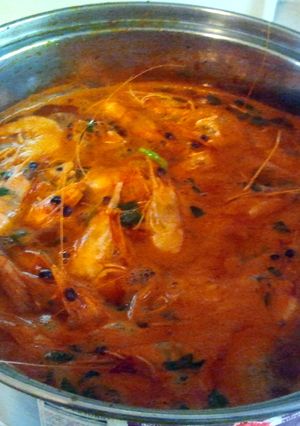 A picture of shrimp soup.