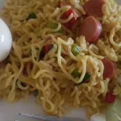Noodles with sausages and boiled egg A picture of Noodles with sausages and boiled egg.