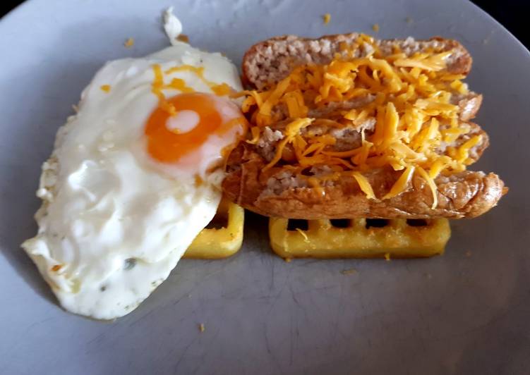 My Breakfast. Sausage &amp; Egg on Toasted Waffles. 🙄