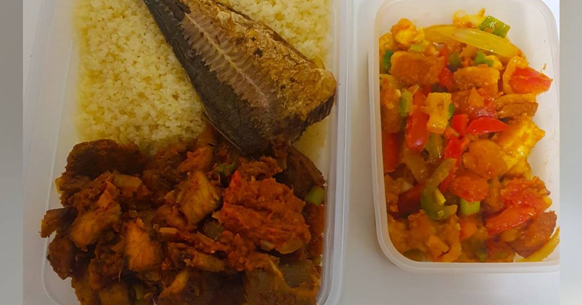 Cassava couscous, dodo gizzard, halloumi sauce da soyaye kifi girki