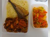 Cassava couscous, dodo gizzard, halloumi sauce da soyaye kifi
