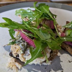 A picture of Crab + asparagus salad (on toast).