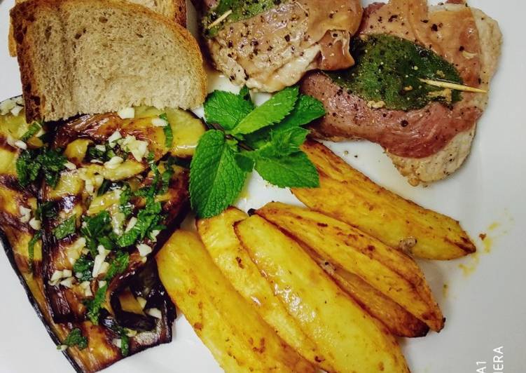 Saltimbocca mit Country Potatoes und Knobli-Minz-Aubergine