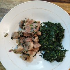 Fried pork with greens A picture of Fried pork with greens.