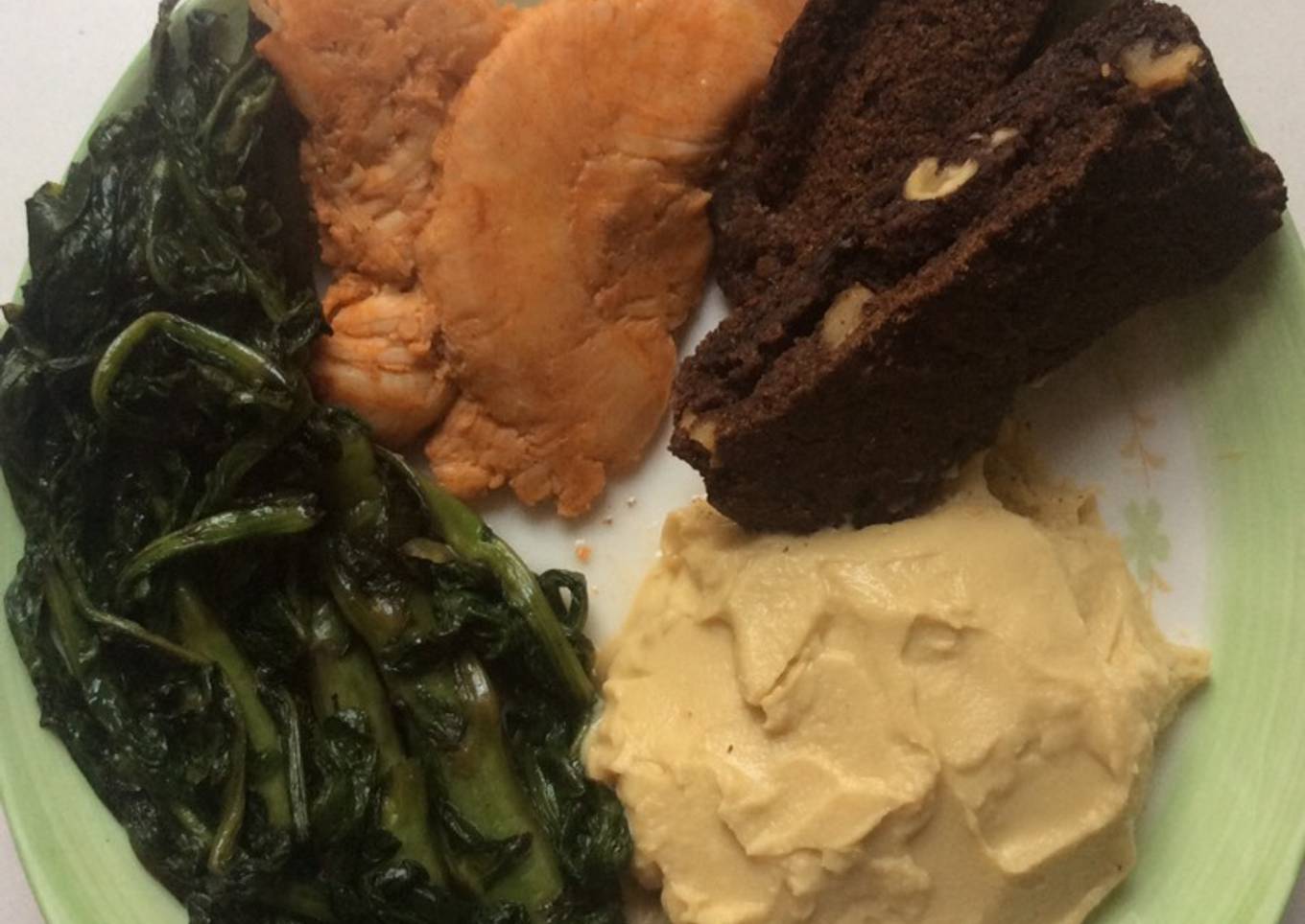 Asparagus lettuce stir-fry served with hummus, instant chicken breast plus carb