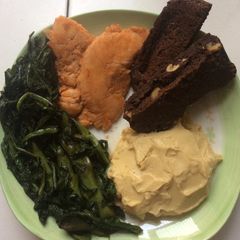 A picture of Asparagus lettuce stir-fry served with hummus, instant chicken breast plus carb.
