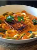 Thai Coconut Red Curry Soup with Udon Noodles, Carrots, Green Bell Pepper, Bok Choy & Blackened Tofu