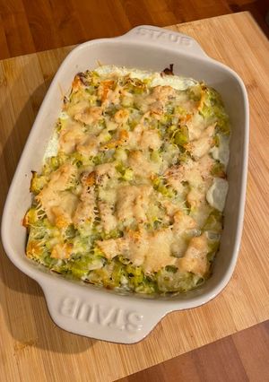 Une photo de Gratin de ravioles du Dauphiné poireaux saumon