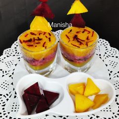 Mango & Beetroot Sooji Halwa shots A picture of Mango & Beetroot Sooji Halwa shots.