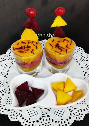 A picture of Mango & Beetroot Sooji Halwa shots.