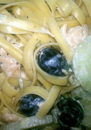 A picture of cucumber pasta salad.