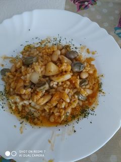 Una foto de Arroz con judías blancas sepia y habas baby